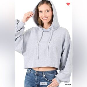 GREY FRENCH TERRY DROP SHOULDER CROPPED HOODIE
